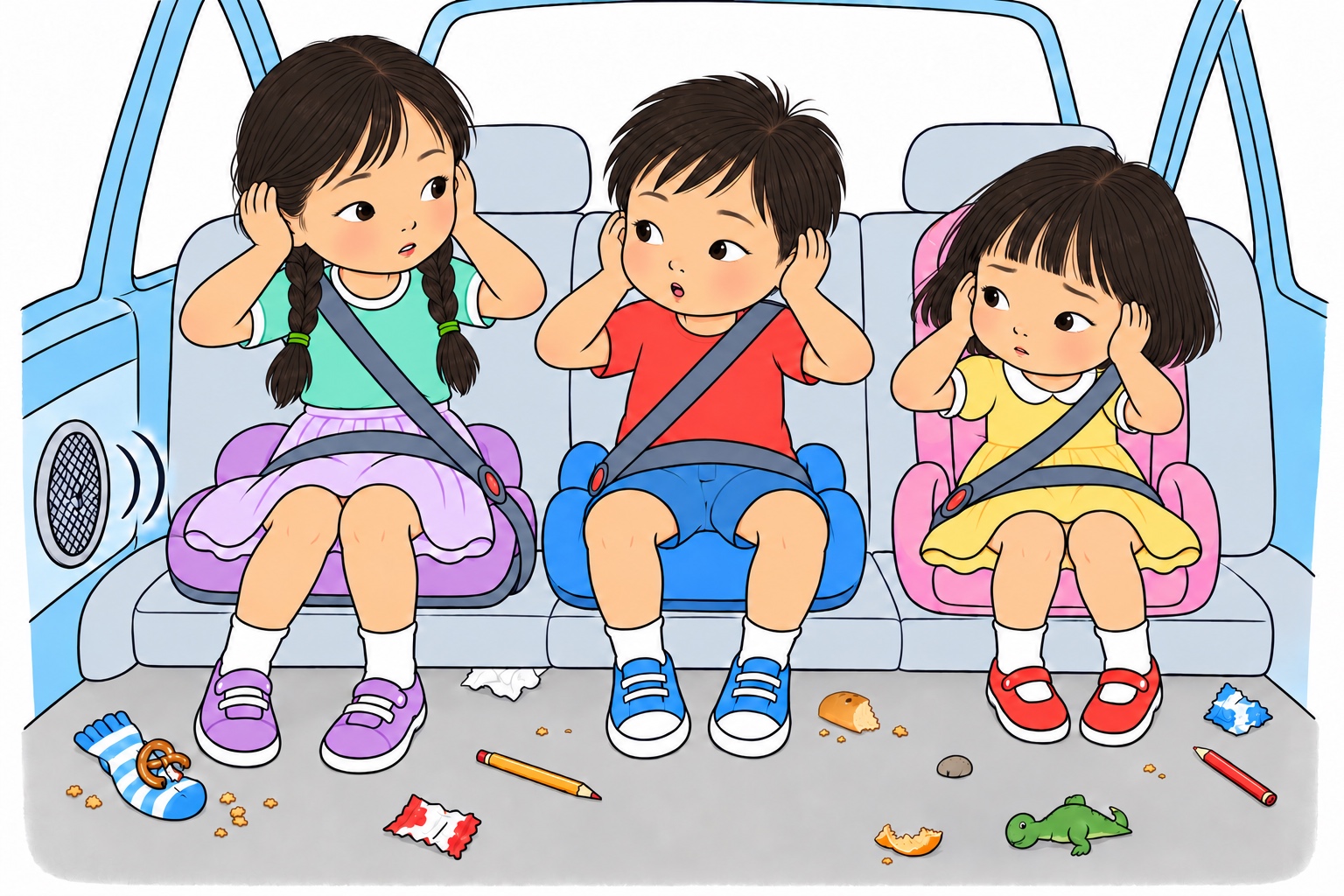 Three children wearing seat belts cover their ears in the back of a blue car. Crumbs, wrappers, a sock and toys are scattered on the floor.