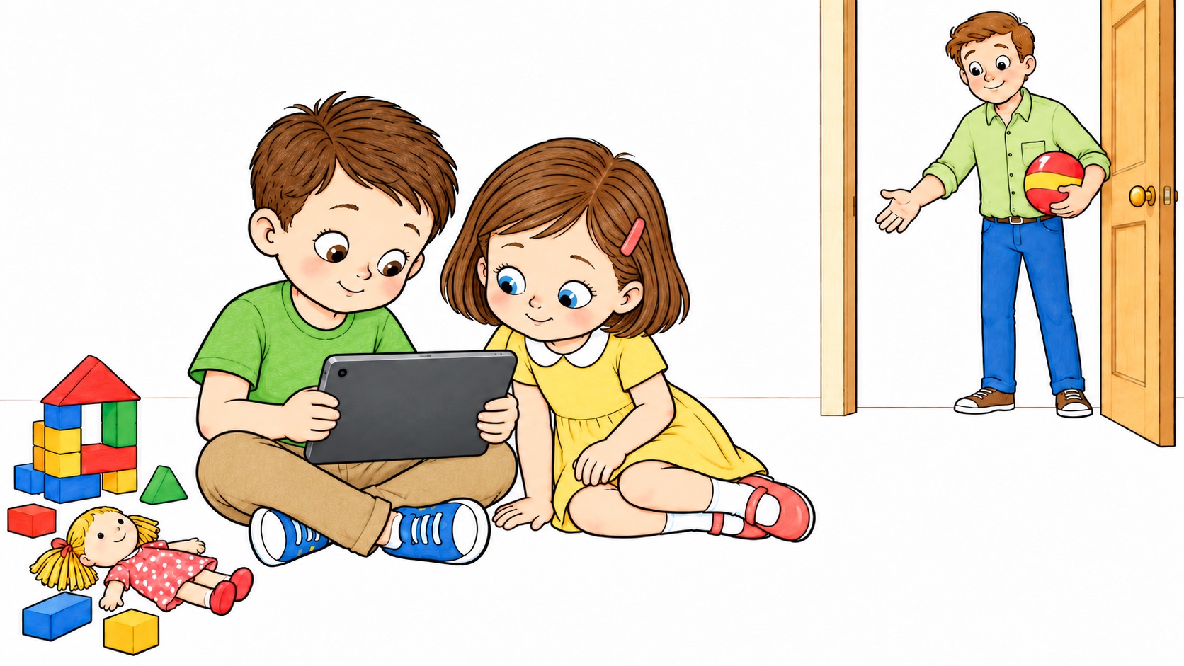 Matěj and Klárka sit with a tablet while their dad holds a ball and invites them outside.