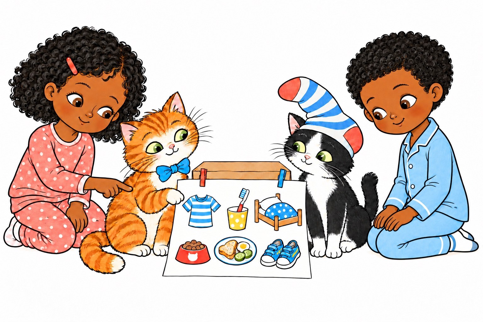 Josie and Christopher kneel by a morning chart with pictures. Orange Button in a blue bow tie reaches a paw toward the paper, and black-and-white Sock wears a striped sock on her head.