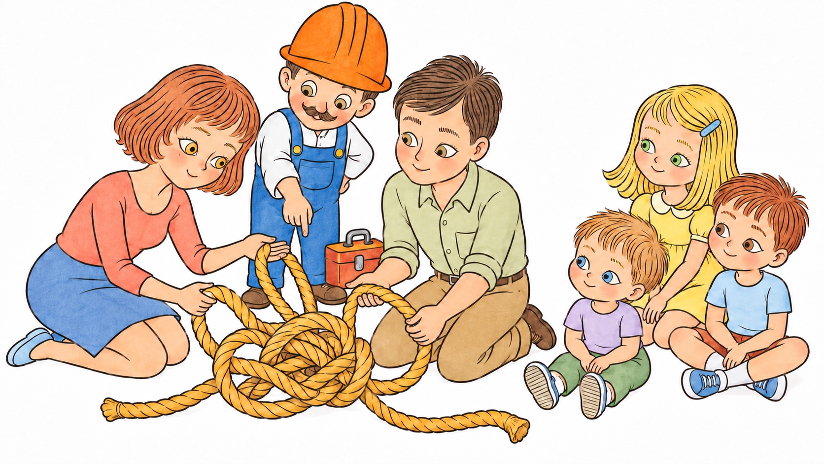 Mum and Dad kneel over a tangled rope as the repairman in an orange helmet points at the knot, while Hugo, Ema and Robin look on.