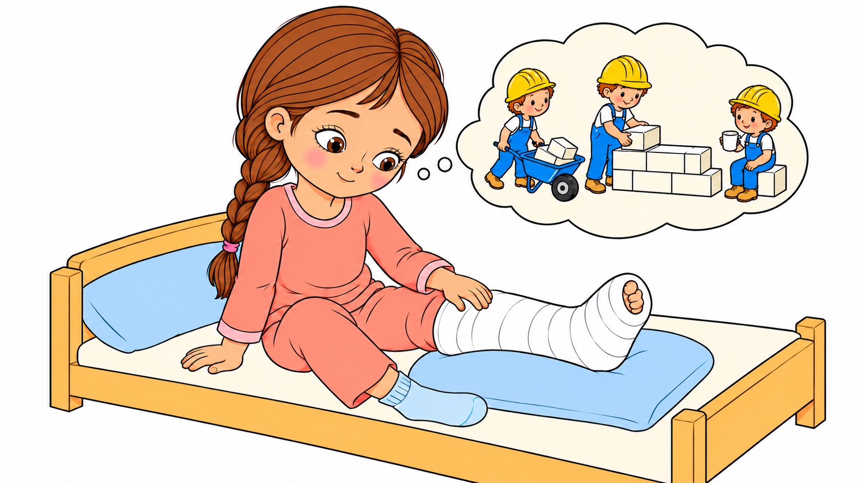 Nora sits on her bed with her leg in a cast and imagines tiny builders repairing it inside.