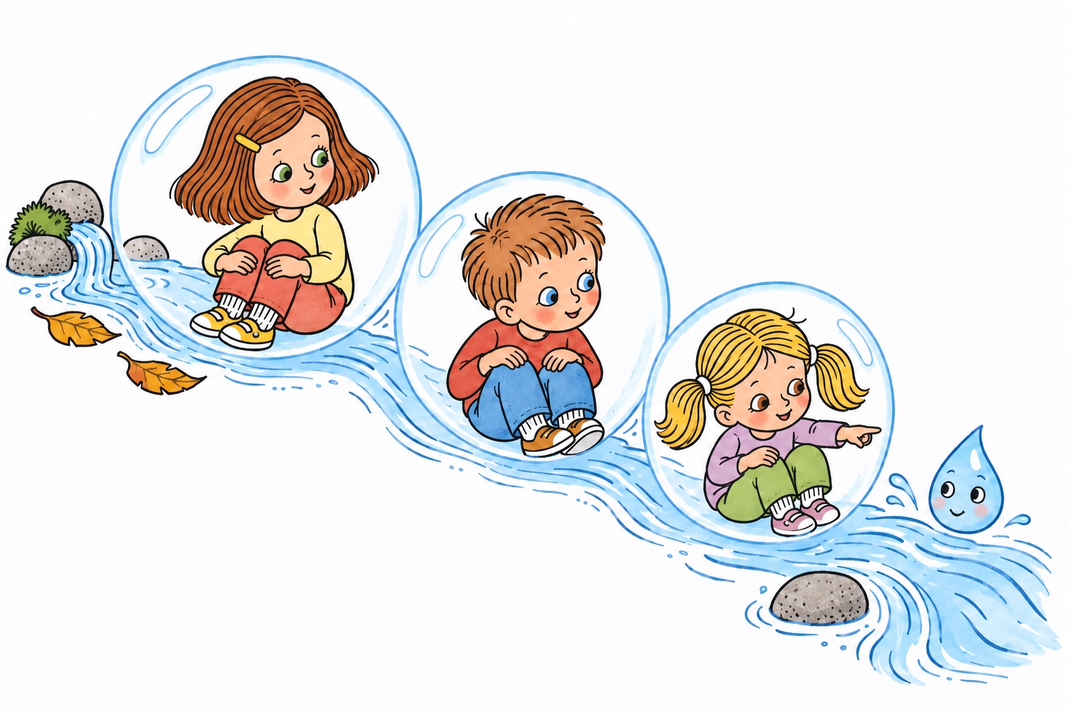 Amálie, Vítek and Rozálie float down a stream in transparent bubbles with Sparkle, a little drop of water.