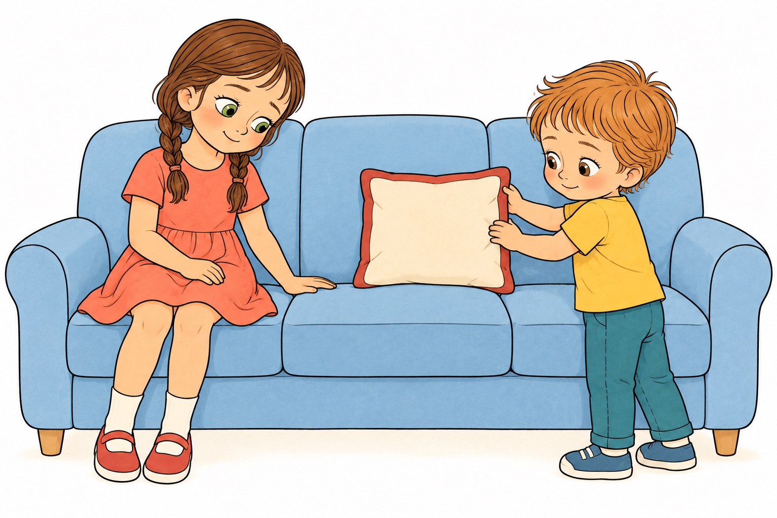 Terezka sits on the sofa as Šimon places Ondřej’s pillow on the empty space in the middle.