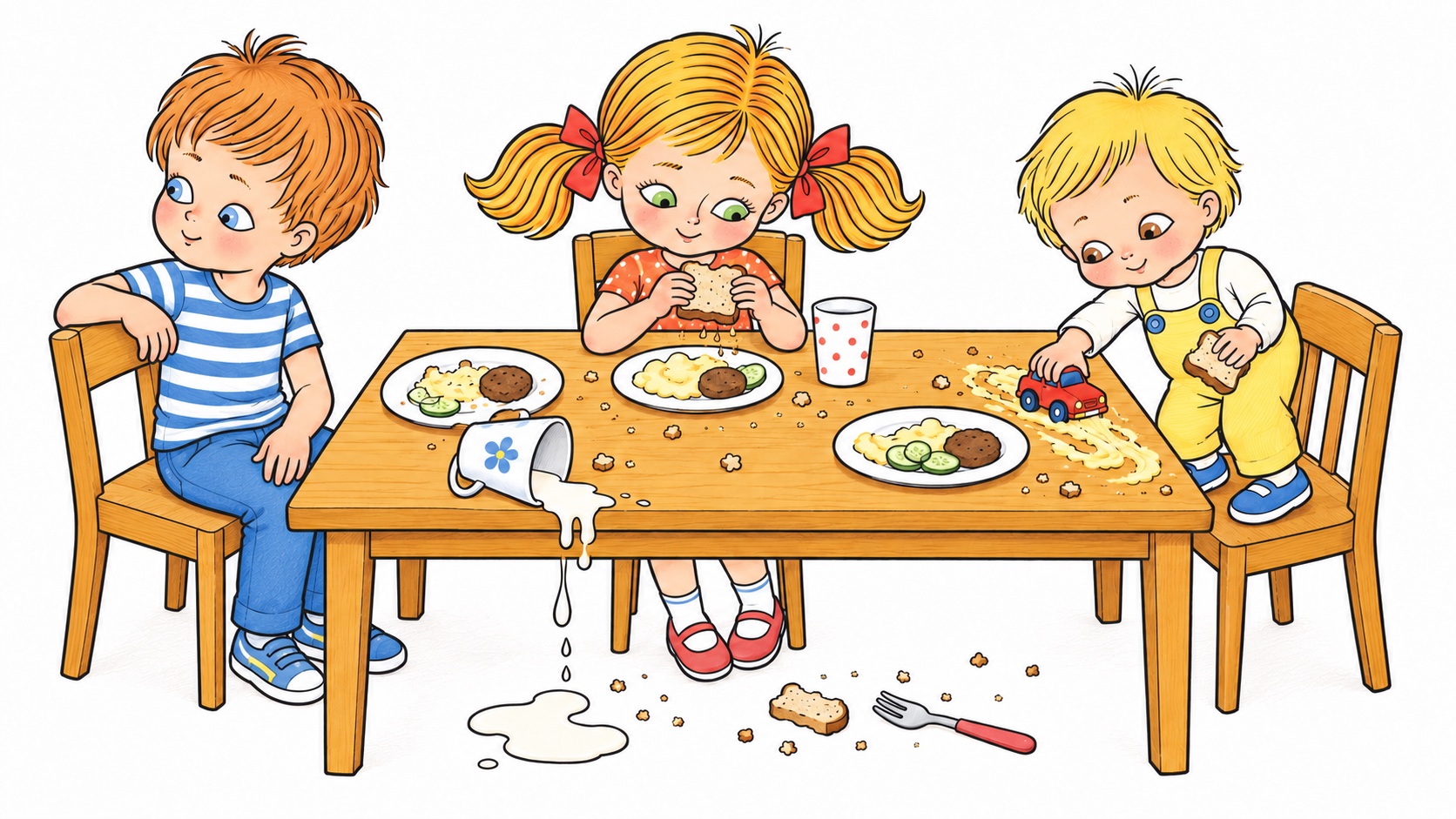 Three children at dinner, with crumbs, spilled milk and a toy car in the food on the table.