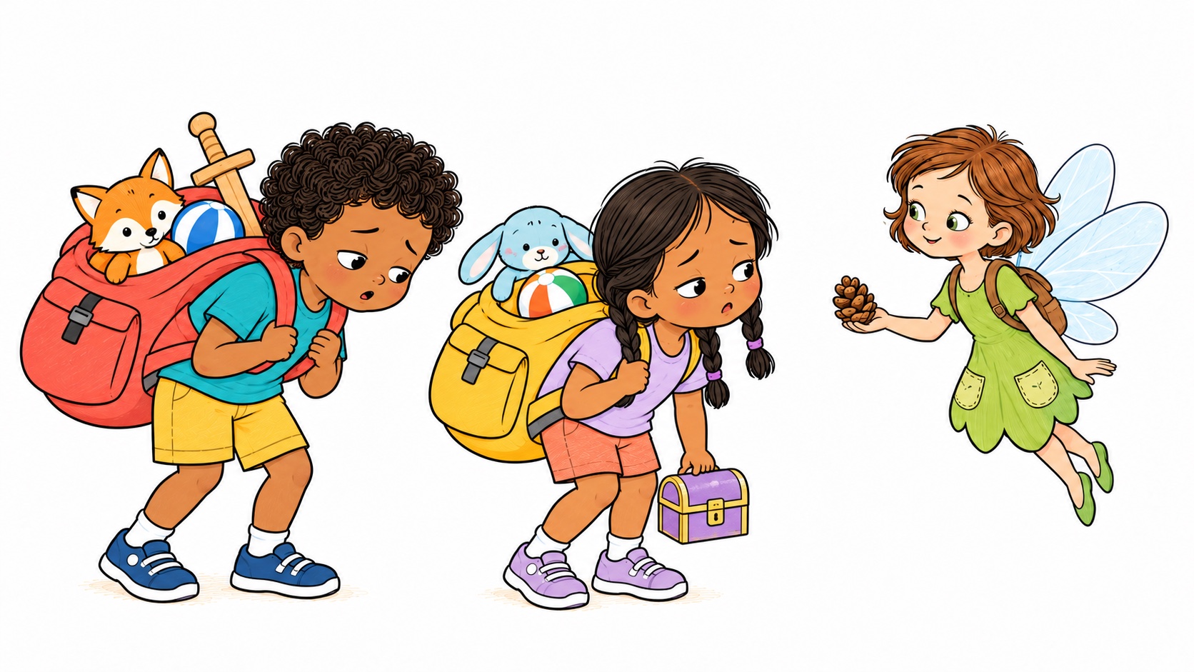 Tired children carry backpacks full of toys while the Outing Fairy shows them a pine cone.